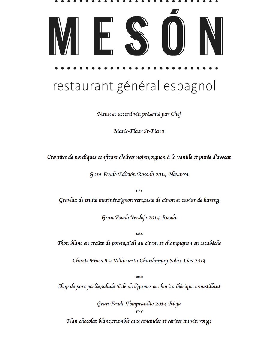 Restomeson's tweet photo. Soirée #vigneron mercredi 1er juin.
#Menu 5 services en accord avec les vins de @GranFeudo et @ChiviteEstates! https://t.co/ohd5ZsMBdw