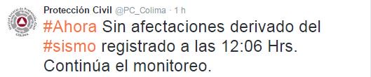gobiernocolima's tweet photo. Sin daños materiales ni heridos por sismo: PC https://t.co/zuLwd93UJ3 #PColima https://t.co/JnLdAiZ3zi