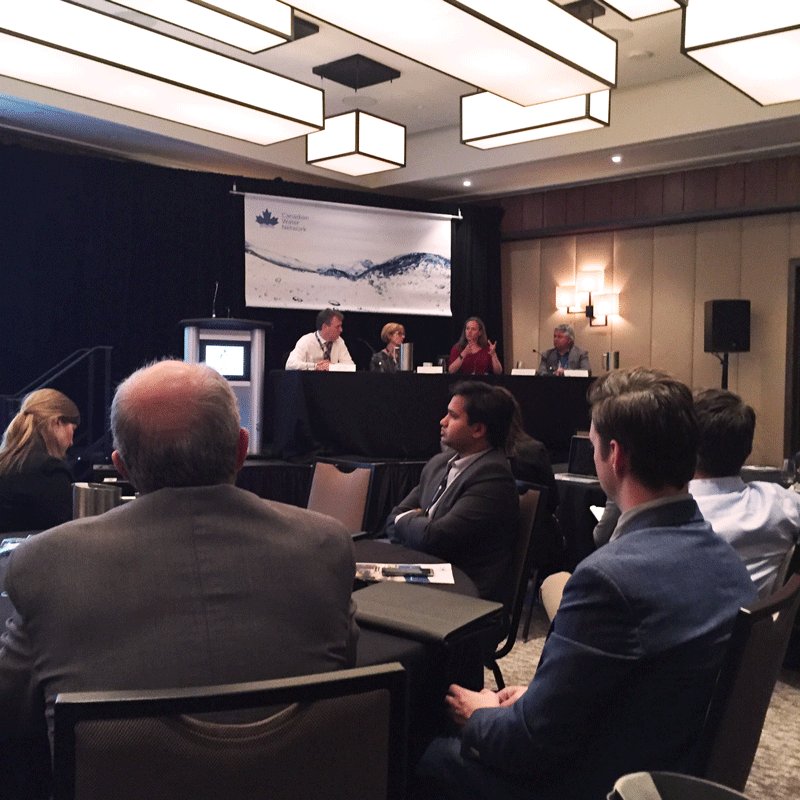 water_institute's tweet image. WI Executive Director Roy Brouwer listens to #UWaterloo panelist Blair Feltmate at @CdnWaterNetwork's #bluecities