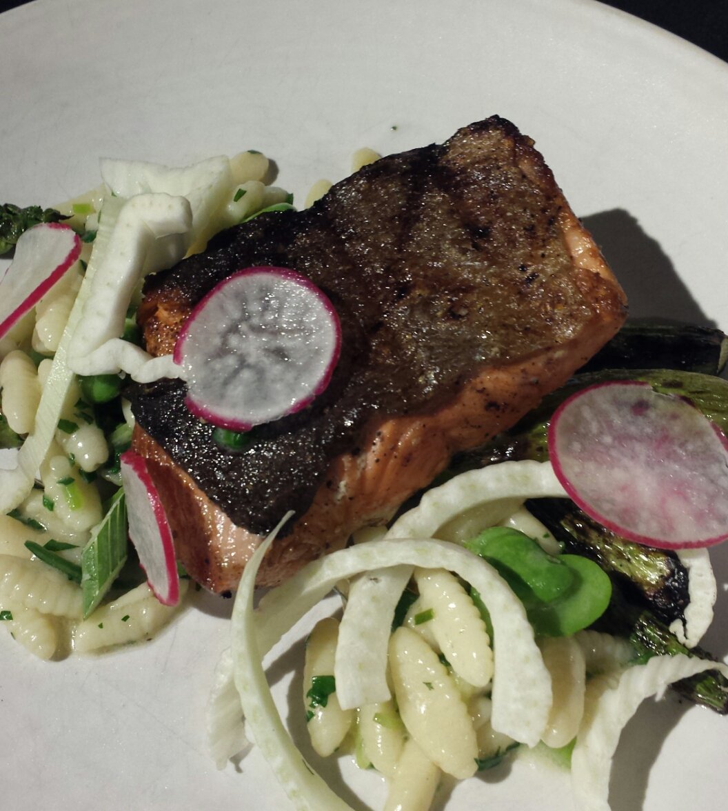 Copper river sockeye
Hand made cavatelli
Fava beans
Grilled asparagus 
Herb lemon butter
Fennel
Radish
