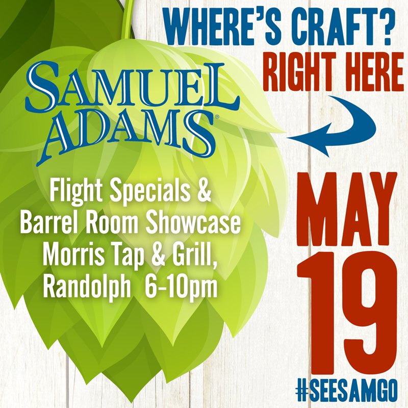 PeerlessBev's tweet photo. #ACBW2016 @morristapngrill @SamuelAdamsBeer #flightspecials 5/18. #cheersNJ #seesamgo drink with us. https://t.co/XQCaCFKJXo