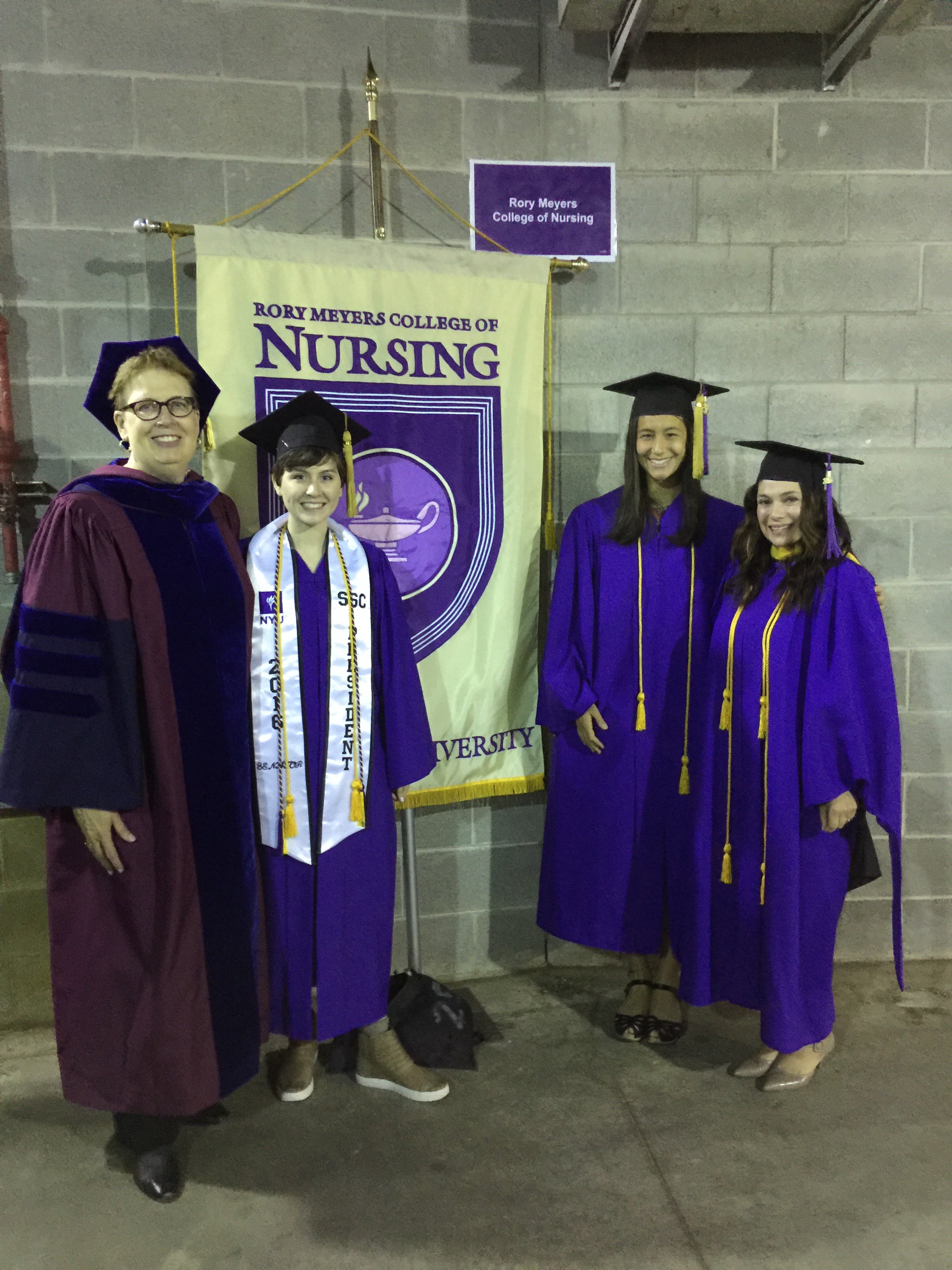 NYU Rory Meyers College of Nursing on Twitter: "Here's Dean Sullivan-Marx,  Evelyn Cunningham, Emily Yin & Nicole Cerussi w/ our new Meyers banner!  #nyucommencement https://t.co/B1m3gfqN8n" / Twitter