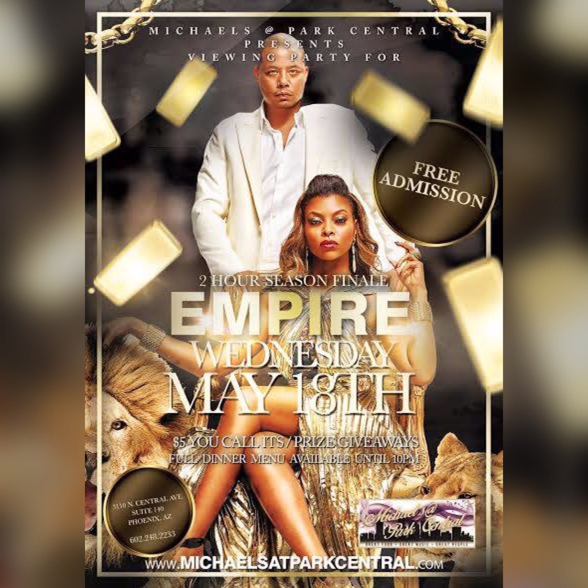 EmpirePhx's tweet photo. @empirefox Finale Viewing Party this Wednesday at @michaelsatpc #FullMenuTil10pm #DoorsOpenat6pm #FreeEntry https://t.co/9vc0G8werq