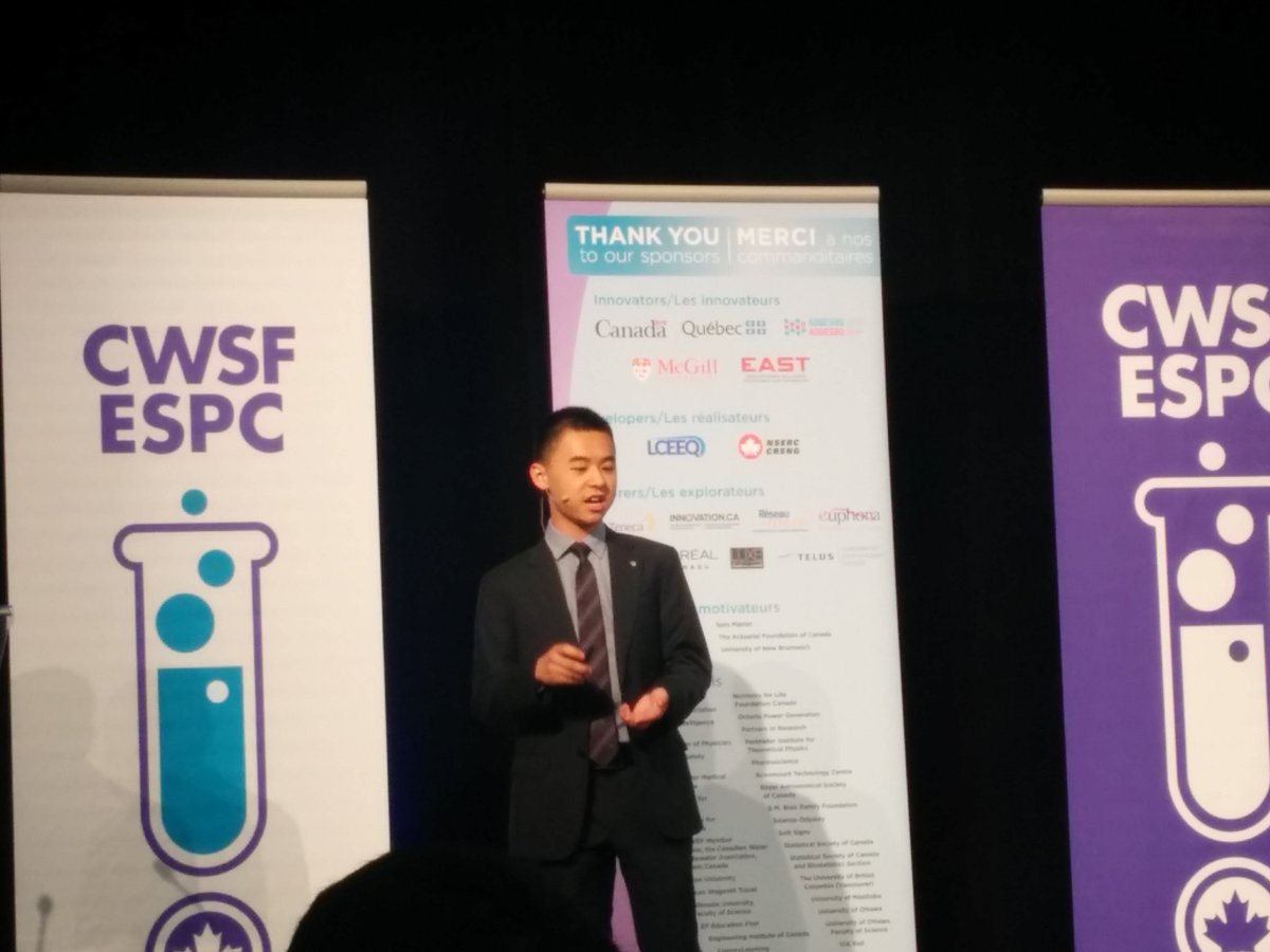sciencefairsbc's tweet photo. @RM_Wang, @gvrsf alumnus, speaking that the @cwsf on the podium speaker series. #sciencefairsbc https://t.co/xZnDv2SSvp
