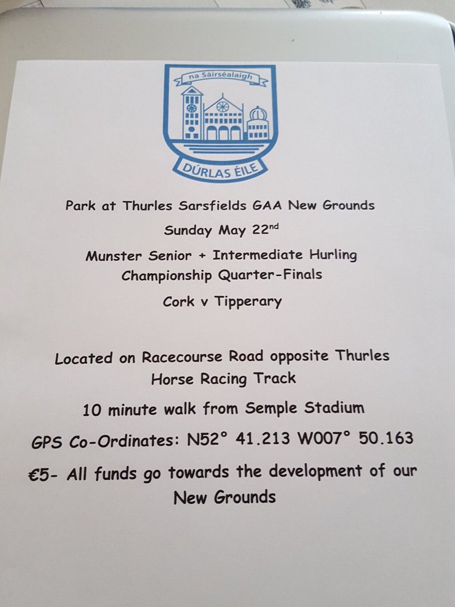 thurlessars's tweet photo. Fully supervised car park for @TipperaryGAA and @OfficialCorkGAA supporters in @thurlessars new grounds this Sunday https://t.co/s9rpGO5ps0