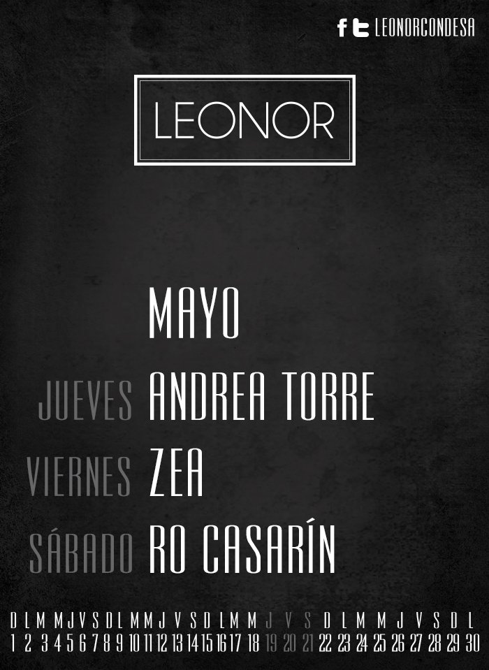 Esta semana en LEONOR 
J: <a href="/Andrea_Torrev/">Andrea Torre Vega</a> 
V: <a href="/ZeaMx/">Zea</a> 
S: <a href="/rocasarin/">rodrigo casarín</a>
