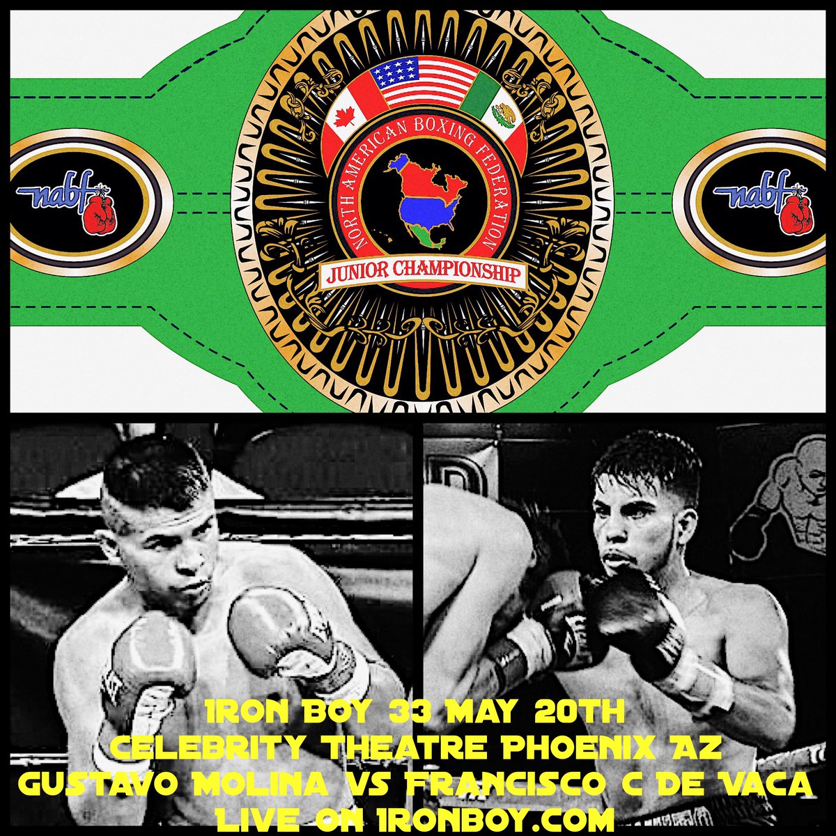 IronBoyBoxing's tweet photo. Streaming live at https://t.co/6QCNFVvsXK, Panchito De Vaca steps up to face Gustavo Molina for NABF JR Championship https://t.co/TJa3RbHoDs