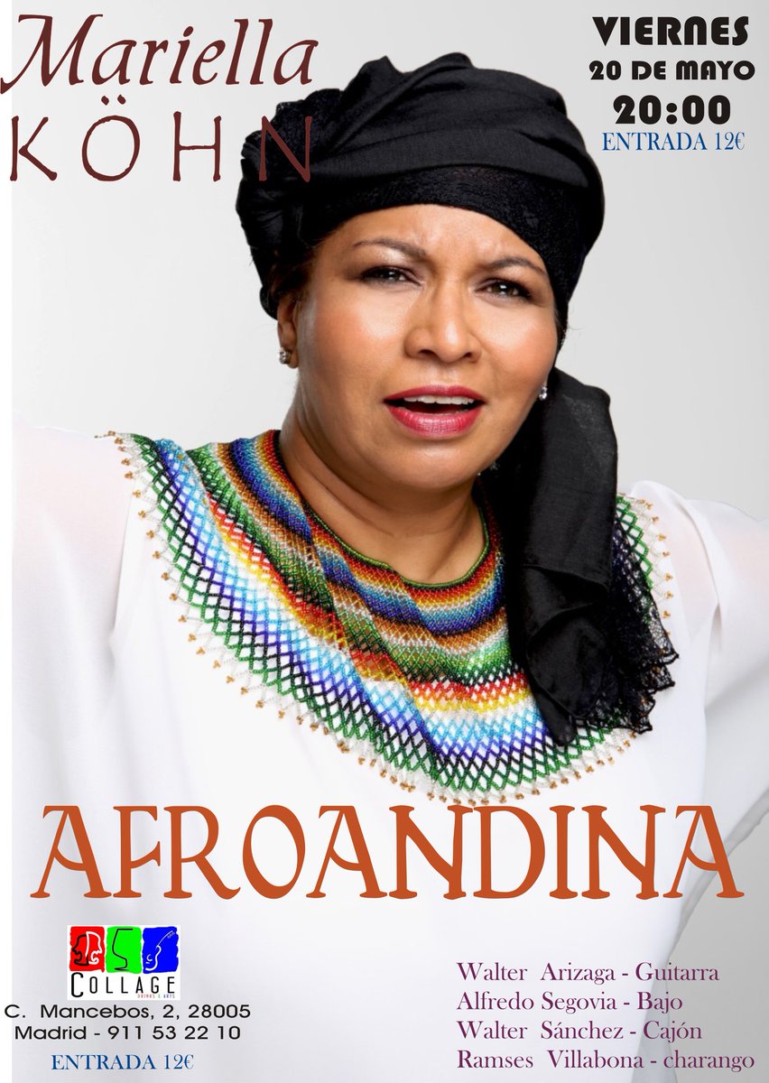 mariellakb's tweet photo. viernes   20  en  collage drinks  &amp; arts,  mariella  Kóhn  presenta   "AFROANDINA"  Calle  Mancebos  2.  a las  8pm https://t.co/PUrT6rZoeD