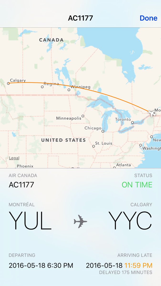 VAL_FERNANDEZ's tweet photo. Uh okay @AirCanada can you explain how a direct flight from Montreal to YYC is on time with a 175min delay? https://t.co/w5Gt9u9iuI