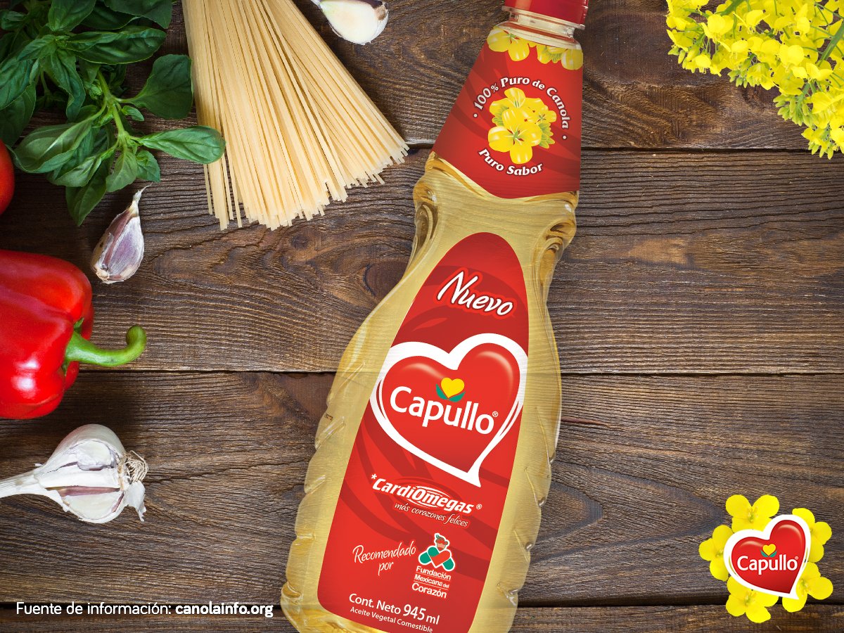 CapulloMexico's tweet photo. #MiCapullo
Al ser un aceite 100% de canola, Capullo® contiene menor cantidad de grasa saturada comparado con otros. https://t.co/6AxkUTmnc6