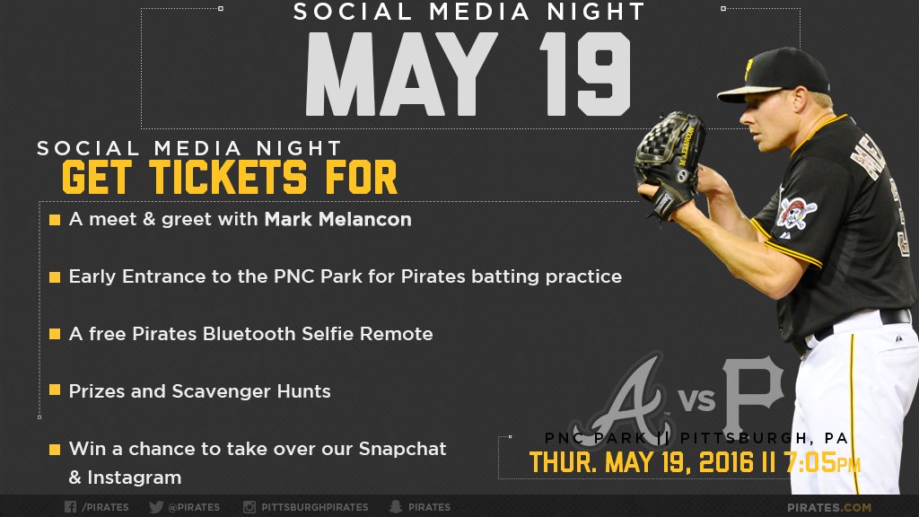 Pirates's tweet photo. RETWEET THIS NOW to win 4 tickets to tomorrow night's #BucSocial Media Night!

TIX: https://t.co/imv4UUl0Hd https://t.co/QKicS9znsR