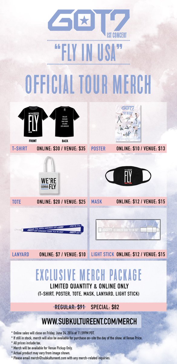 SubKultureEnt's tweet photo. IGOT7s! Get ready for some #FLYinUSA merch!! Sales begin MONDAY, 5/23 @ 10AM PDT. https://t.co/pzoBSjTMSg https://t.co/ueAq6gx26O