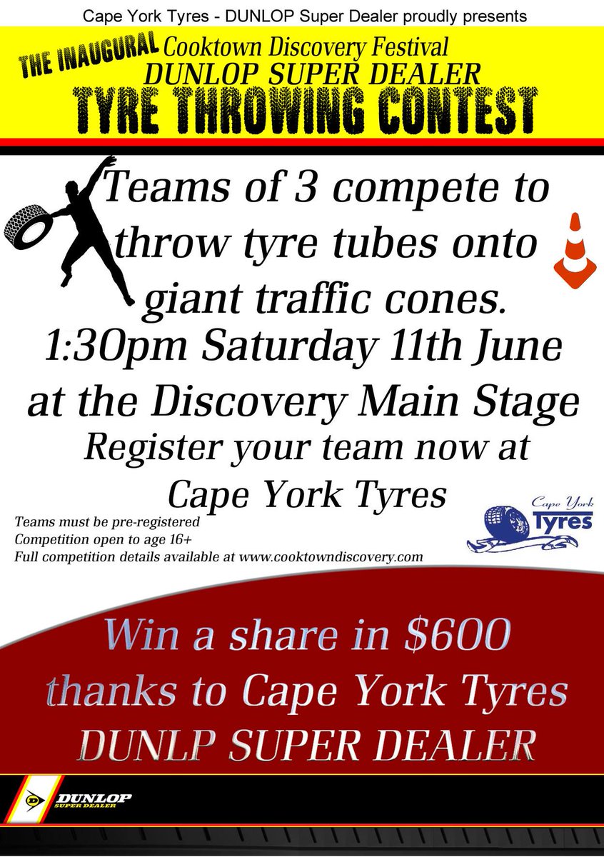 discoveryfest16's tweet photo. #DiscoveryFestival #tyre throwing comp entries open! Festival program filling up now @kerstinkehren @CooktownTNQ https://t.co/76WYSSFvZg