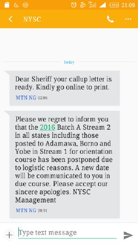 fancybynancii's tweet photo. Been hearing about pple receiving this kind of text..how true is it @nysc_ng #NoPostponementOf2016BatchAStream2 https://t.co/d2t6NI56CV