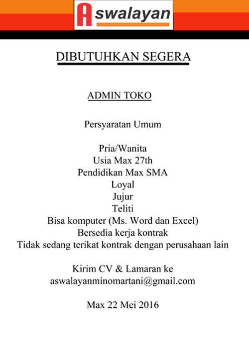Rvyss's tweet photo. @JogjaUpdate #jogjalowker Admin I P/W I max 27th I SMA I 6 hari kerja I 8 jam kerja I aswalayanminomartani@gmail.com https://t.co/fRuViZ2B0J