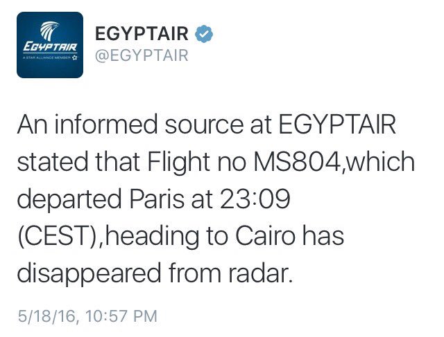 ABC's tweet image. BREAKING: EgyptAir flight from Paris to Cairo has disappeared from radar, airline says.