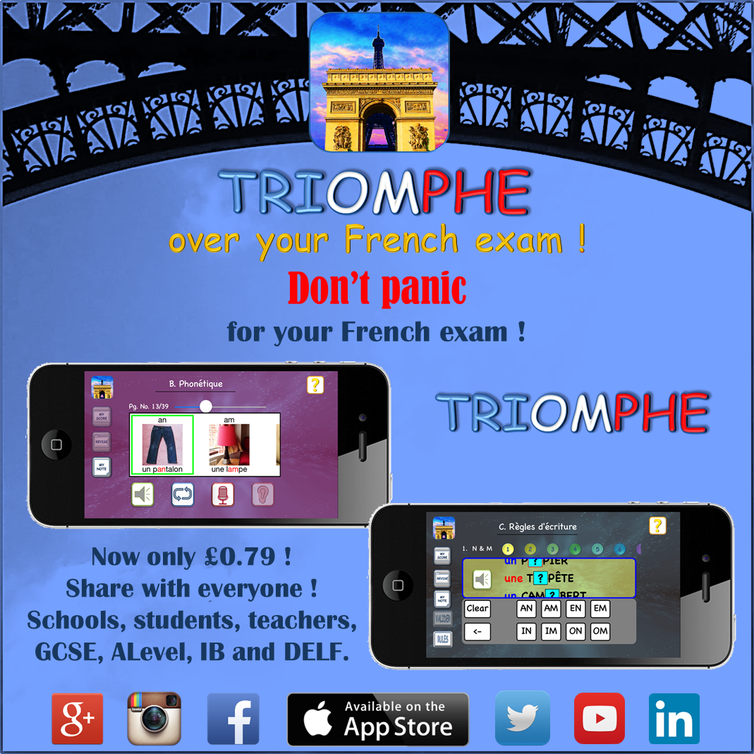 MyTriompheApp's tweet photo. £0.79 BIG #REVISION! #French #App TRIOMPHE helps #students for their French #GCSE #ALevel #IB #exams #iOS #FLE #MFL https://t.co/sU8QGvSfoh