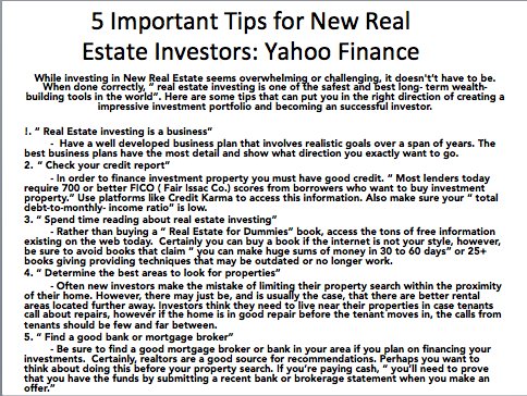 StevenVornea's tweet photo. 5 “Tips” for New Real Estate Investors courtesy of Yahoo Finance. Happy Investing! https://t.co/uBT7zn9JN1. @Yahoo https://t.co/MKazBEFD5v