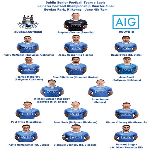 DubGAAOfficial's tweet photo. Team Announcement:

Our Senior Football Team to face @CLGLaois this Sat in Nowlan Park at 7pm.

#COYBIB #DUBvLAO https://t.co/fCUNG8G9Qs