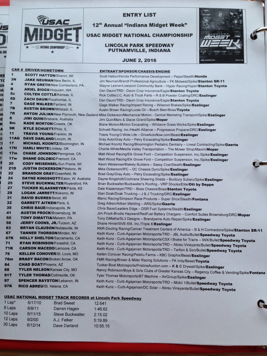 USACNation's tweet photo. Driver roster and qualifying order for round 3 of Indiana Midget Week at the Lincoln Park Speedway https://t.co/cTNp7c5nTK