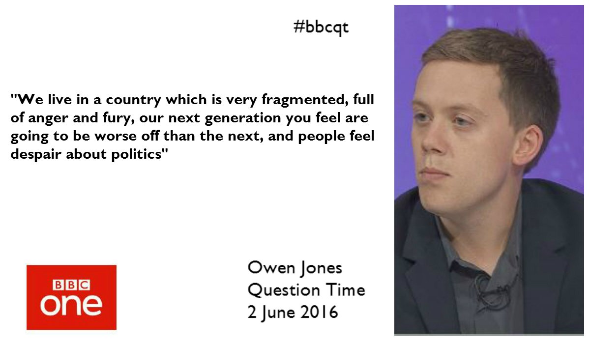 bbcquestiontime's tweet photo. Owen Jones believes that people do not feel positive about politics #bbcqt https://t.co/dw1iGMP96l