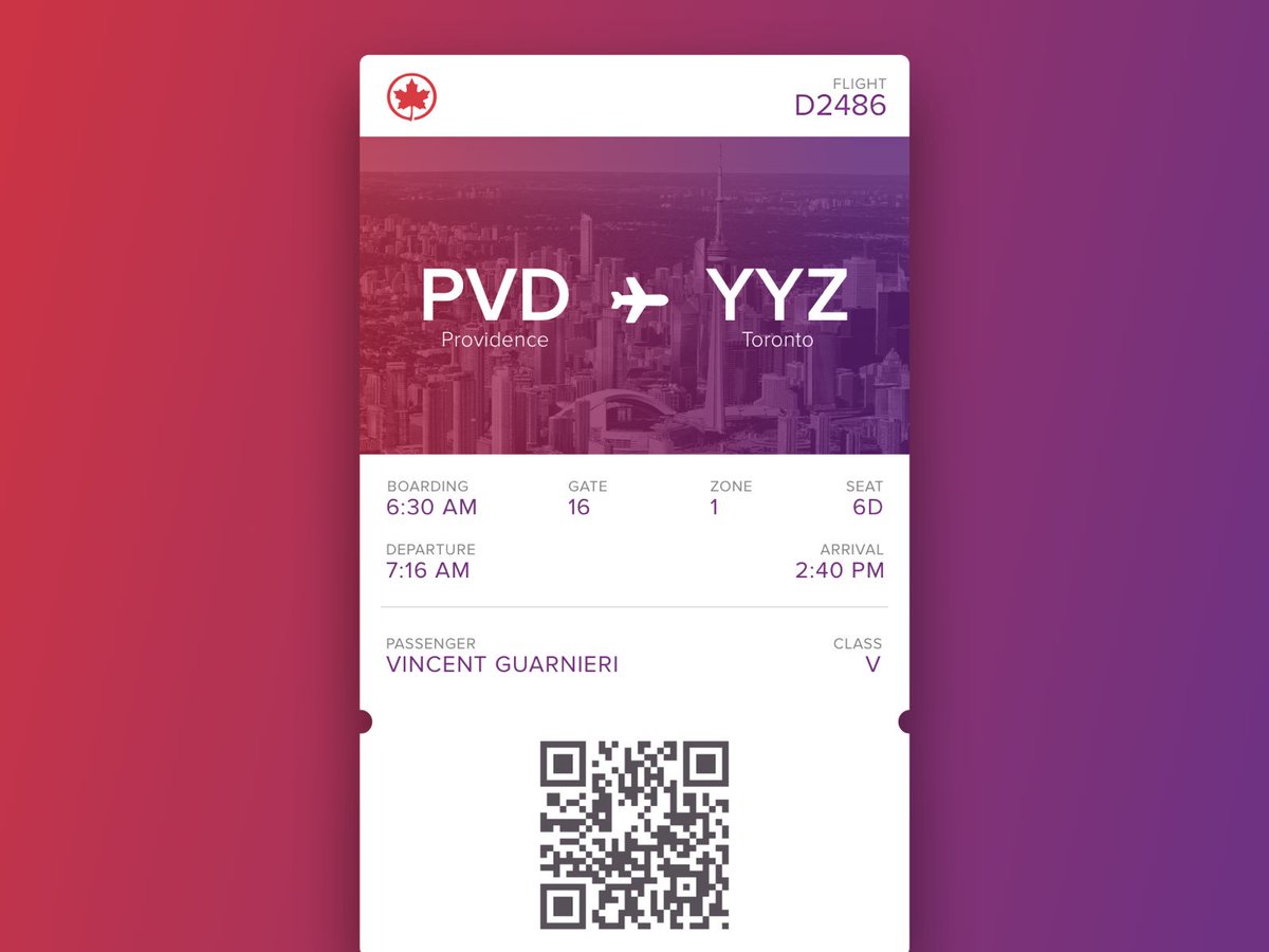 VinnyGDesign's tweet photo. Daily UI Day 024 - Boarding Pass, fun fact I actually do need tickets to Toronto #DailyUI #day024 #passbook #uiux https://t.co/zeGoWvIAdE