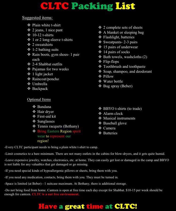 VACmorah's tweet photo. Hey all you lucky CLTC people. Here is a packing list so you don't forget anything!!! https://t.co/A95xp3byCV