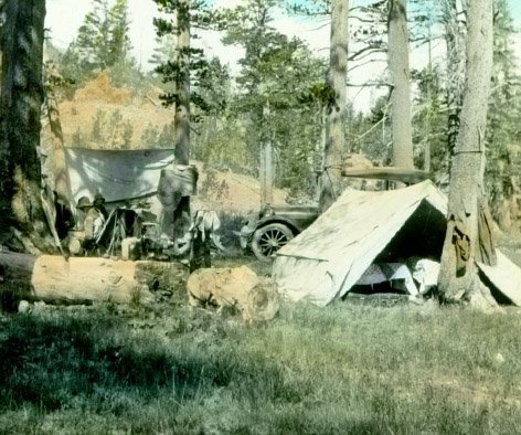 Campers settle in at the Ellery Lake Campground on the Mono National Forest in 1934.