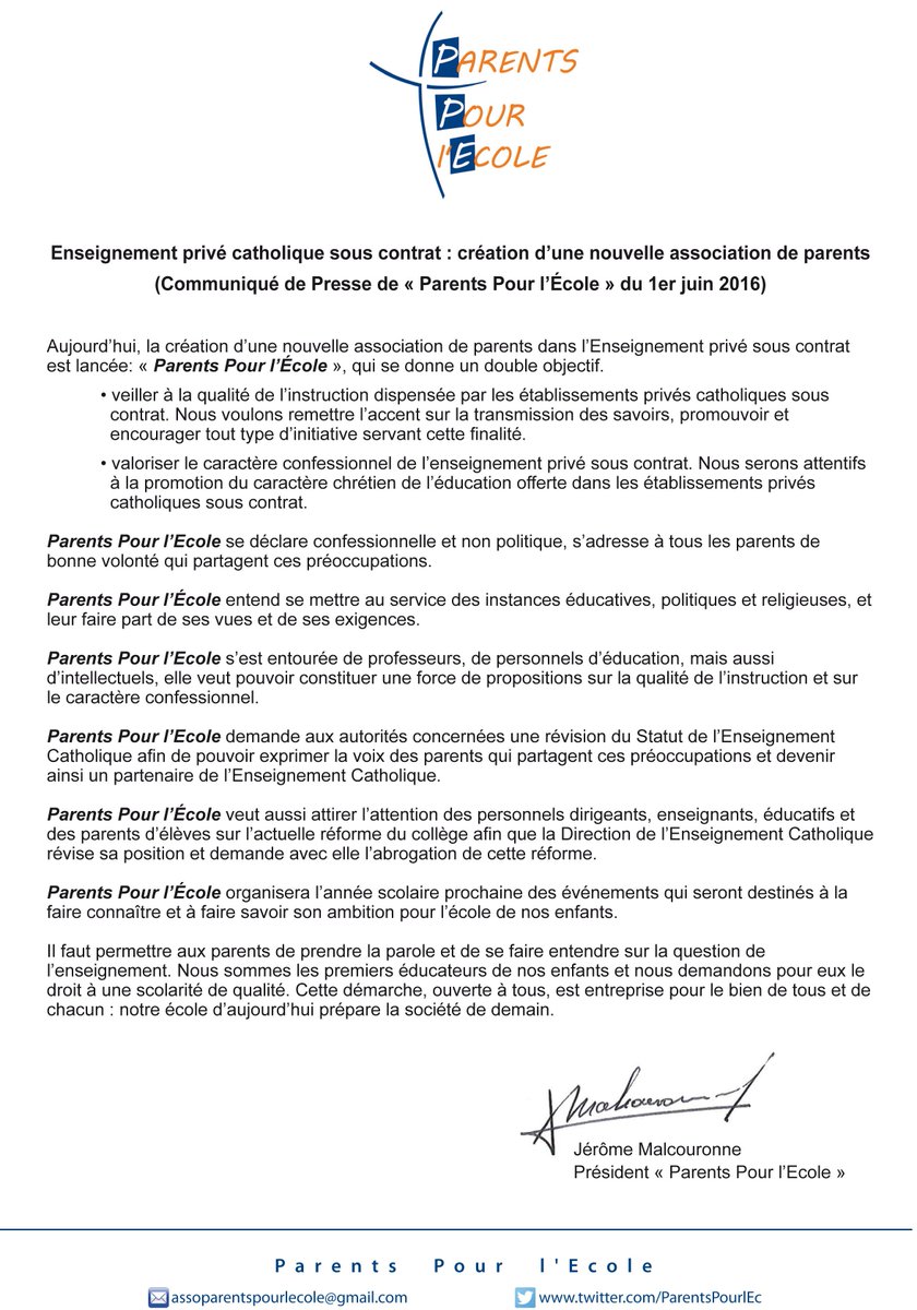 ParentsPourlEc's tweet photo. Création d'une nouvelle association de parents d'élèves : Communiqué de Presse de Parents Pour l'Ecole du 01/06/2016 https://t.co/yoLQoj2Ant