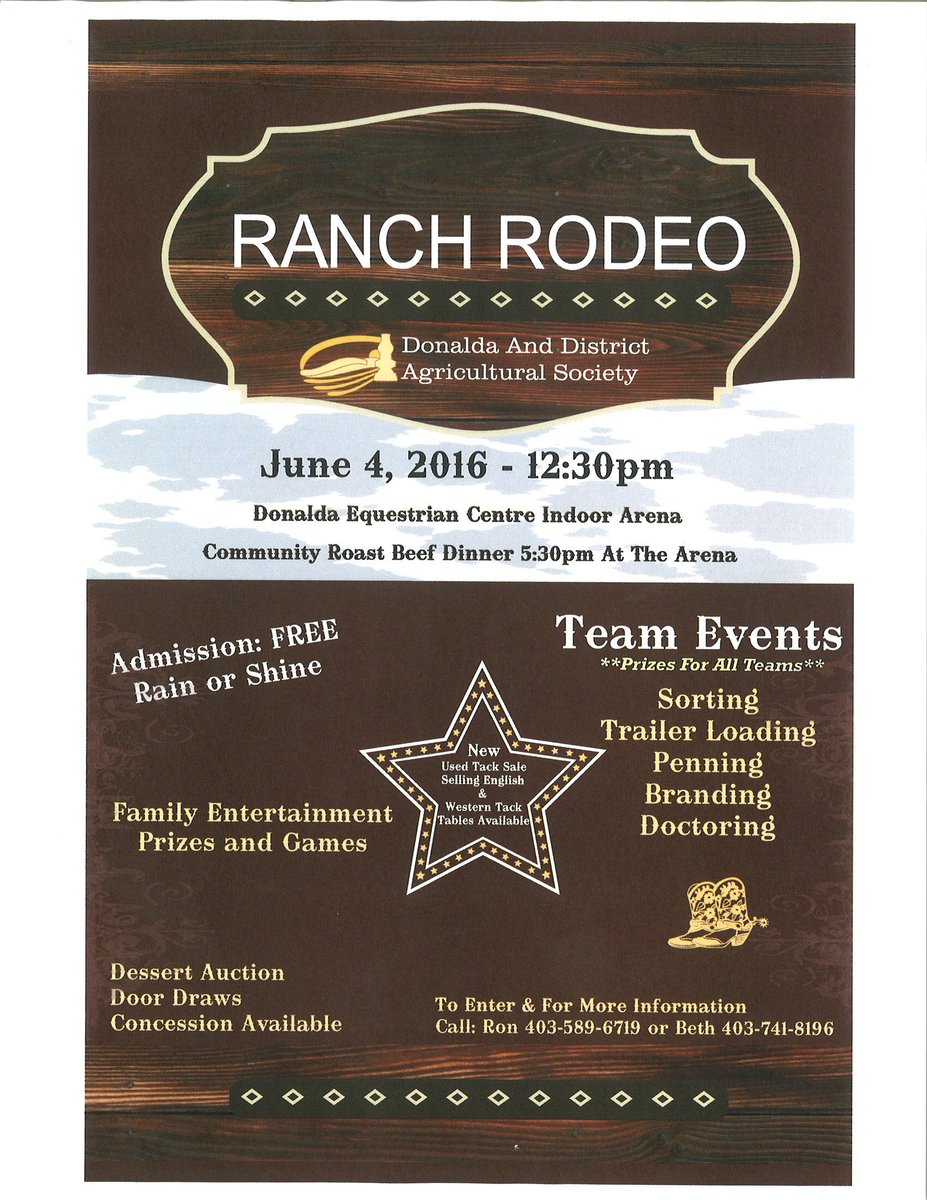 Donalda Ranch Rodeo Sat. June 4 starting at 12:30 pm. Free admission! Donalda Ag Society. For more info 403-589-6719
