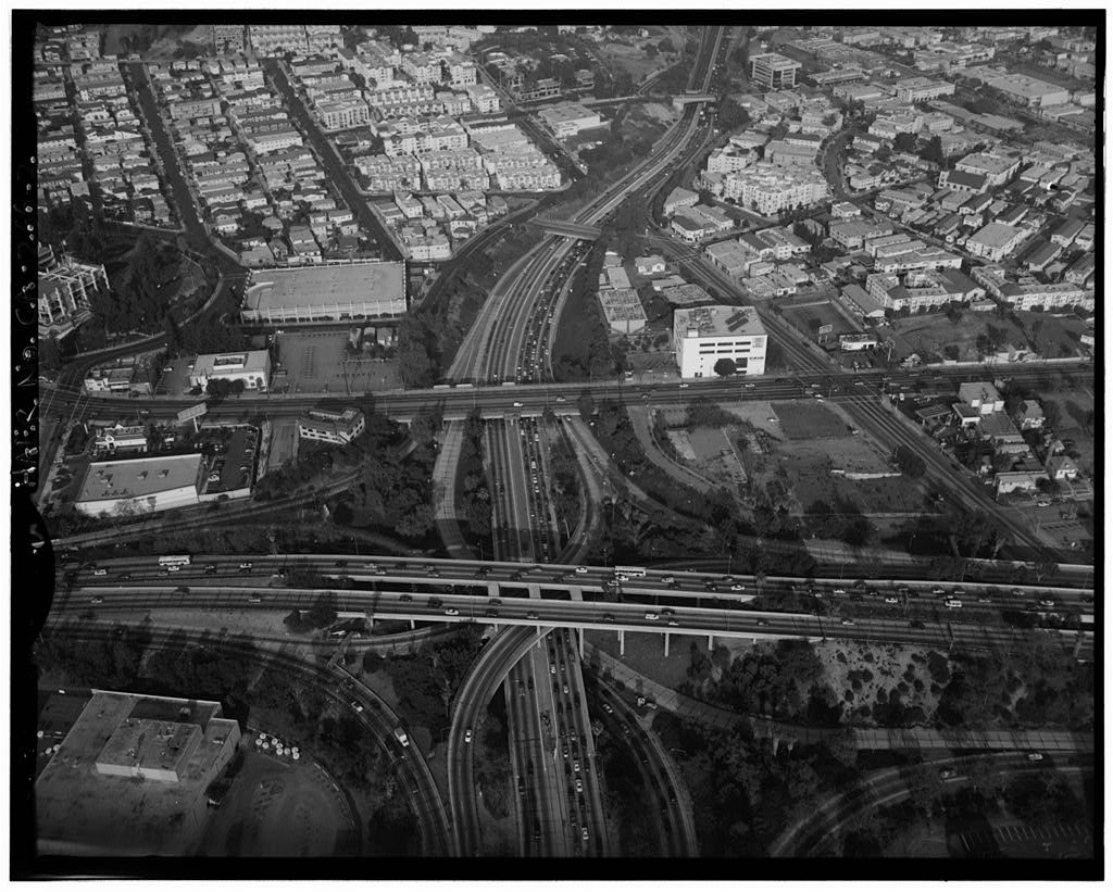 la_historic's tweet photo. The Four Level Interchange, Intersection of Arroyo Seco Parkway &amp; Harbor, Hollywood, &amp; Santa Ana Freeways https://t.co/xjgGF1hQDN