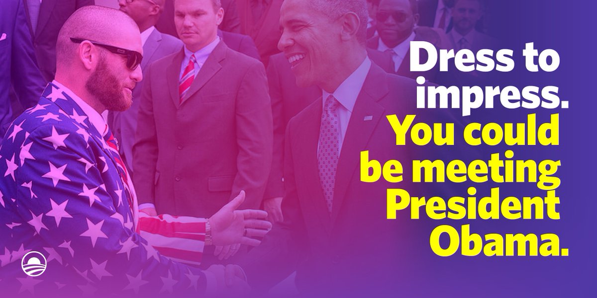 BarackObama's tweet image. Suit up—enter for a chance to meet President Obama before the deadline. ofa.bo/xWe