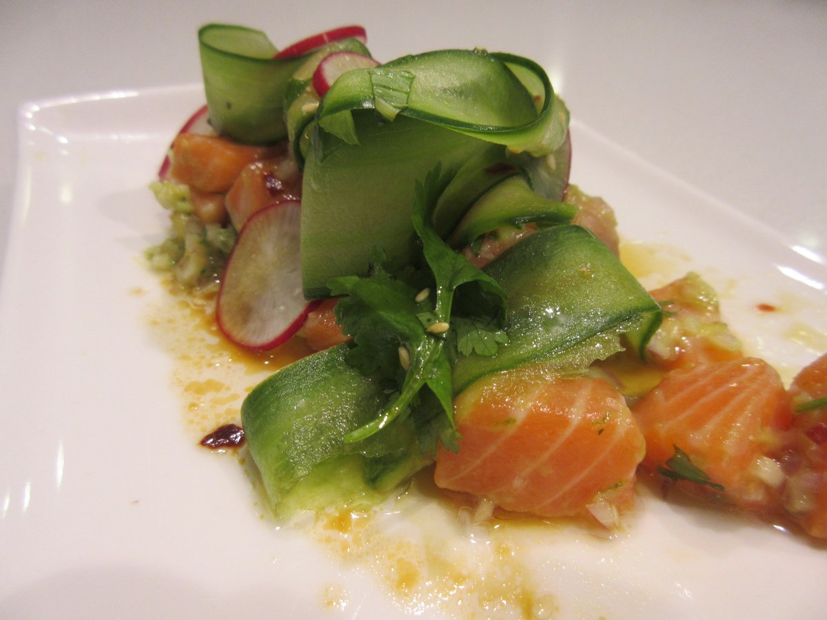 #salmon avocado tartar, pickled cucumber, miso dressing by Chef #marksouthon #seafood