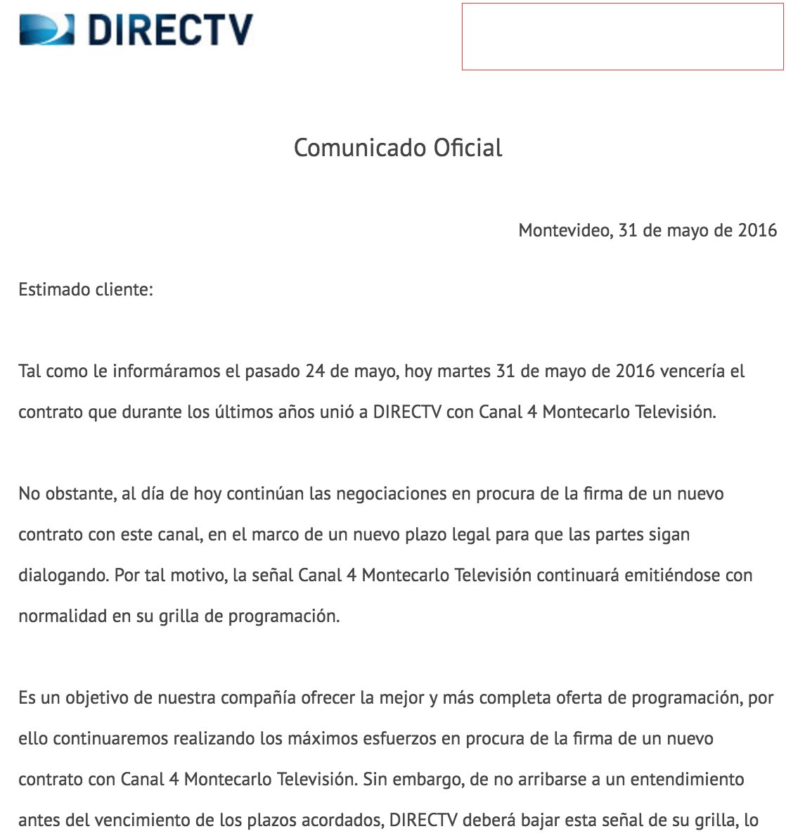 sebafle's tweet photo. Un amigo me mandó este email que recibió sobre @DIRECTVUy y @MonteCarloTV #antitrust #refusaltodeal https://t.co/nv0SjCABow