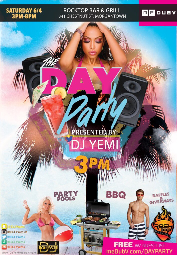 DJYEMI's tweet photo. Summer Vibes! Time for some #DayDrink This Saturday @ @RockTopNights🏊👙 1st #TheDayParty of the summer! 18+ @meDubV https://t.co/m5zXsMPQoe