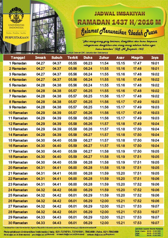 UI_library's tweet image. Jadwal Imsakiyah Ramadan 1437 Hijriah #puasa #perpustakaanui