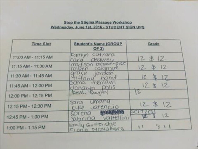 BCNHSSTST's tweet photo. schedule for tomorrow's massages, make sure you're on time. #StopTheStigma #Relaxation https://t.co/uGSIR7cHtn