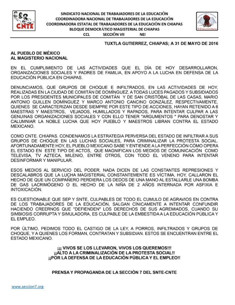 lhan55's tweet image. Se deslinda sección 7 de CNTE de los provocadores que raparon maestros en Comitán.