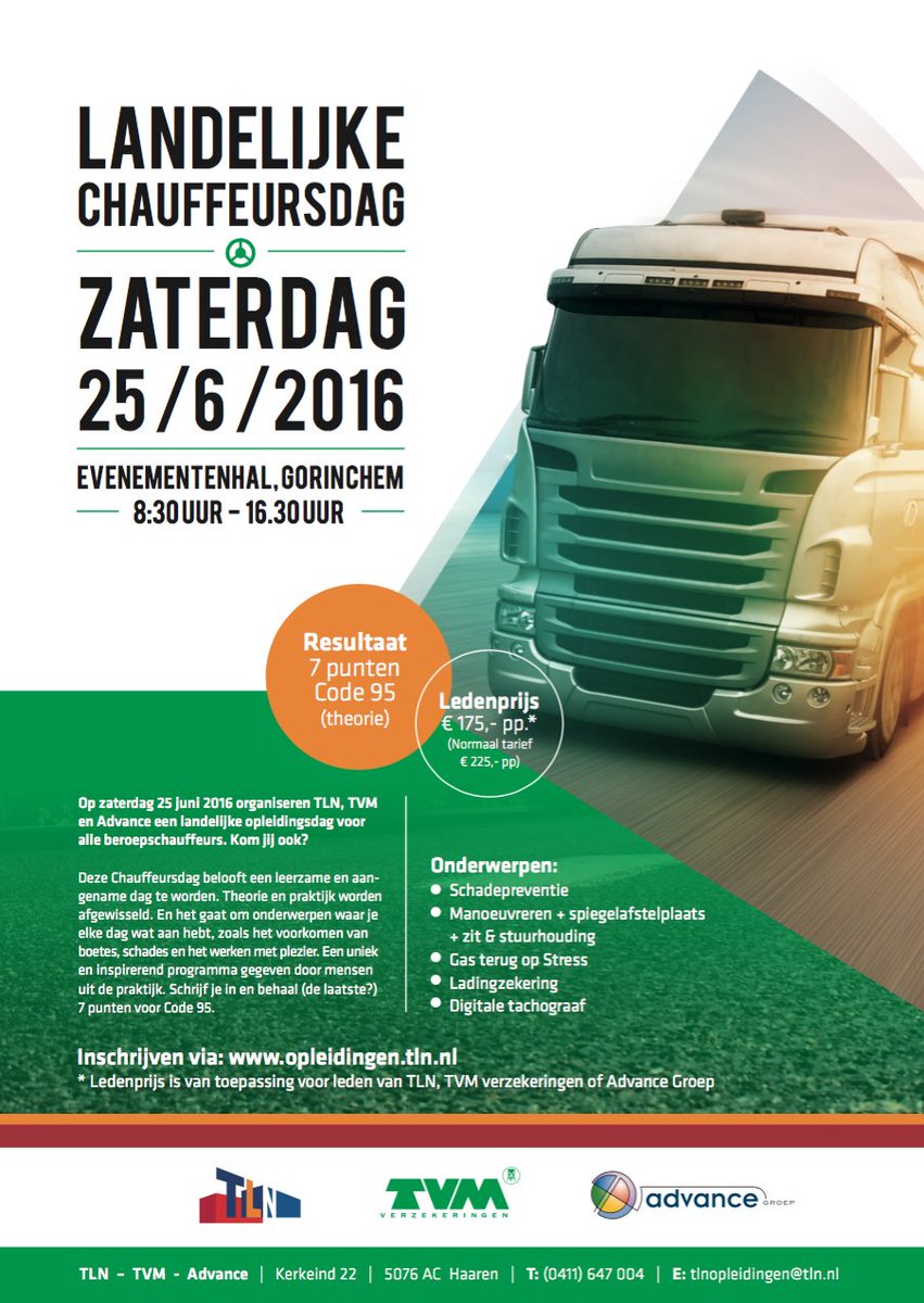 AdvanceGroep's tweet image. Heeft u of uw medewerker nog enkele punten nodig voor Code 95?
opleidingen.tln.nl/Opleidin…/…/chauffeursdag-tln-tvm