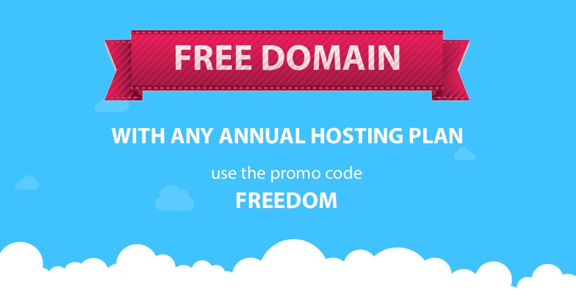HostShark's tweet image. Get a Free Domain with annual Hosting plan, Use code "FREEDOM" on your checkout! #webhosting #promocode #couponcode