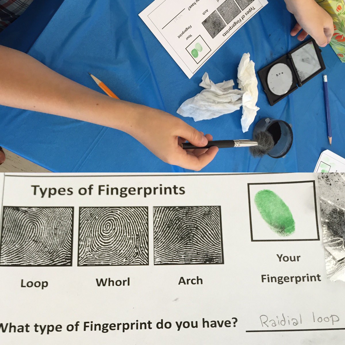 6f_success's tweet photo. Scientists in school this morning! #fingerprints #evidenceandinvestigation #6fsuccess https://t.co/edEpWQ33SK