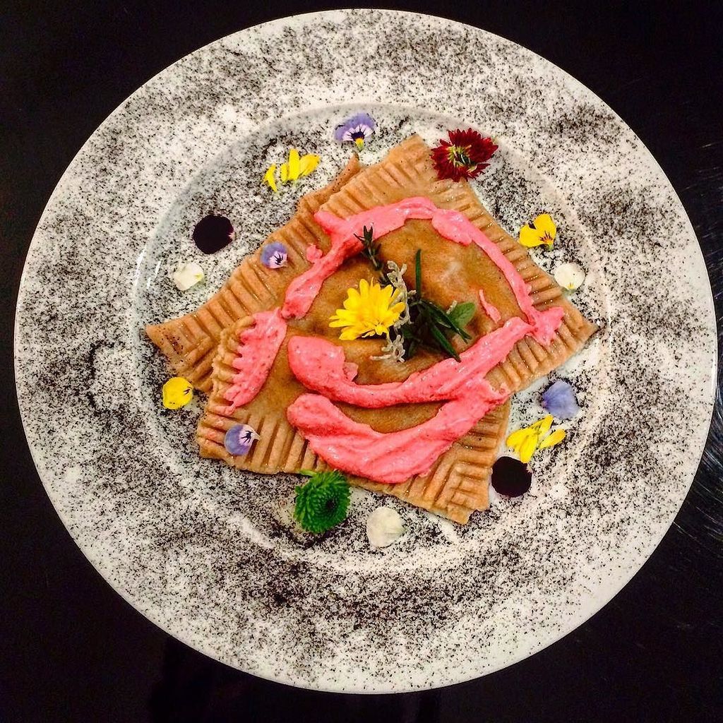 2015. Other Buckwheat Ravioli stuffed with Ratatouille , Goat Cheese Red Beets Mousse , Onion Ash, Truffle Oil.  #C…