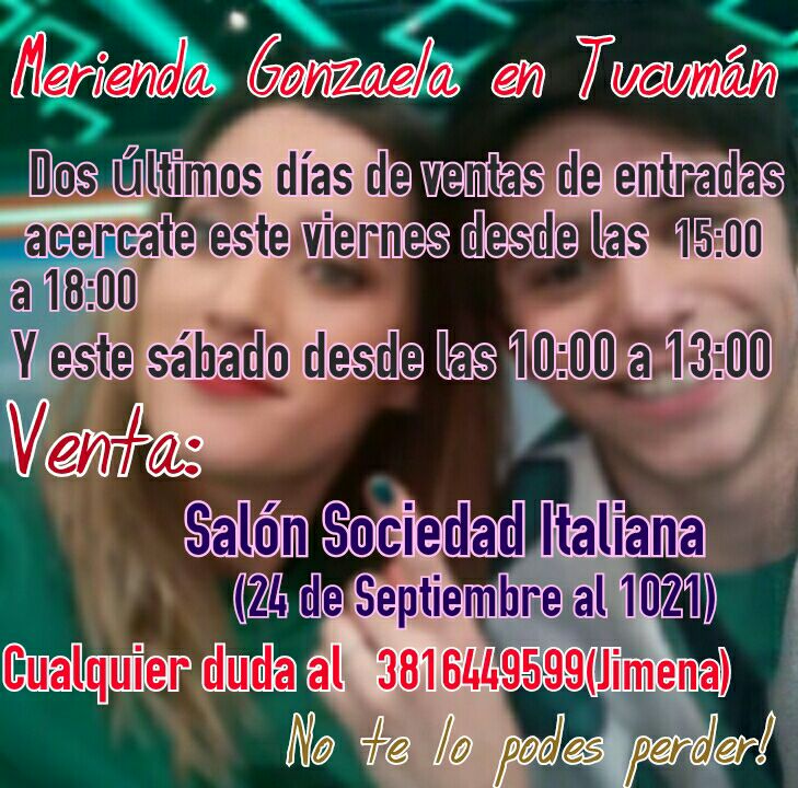 mariasanz_1's tweet photo. ATENCIÓN TUCUMÁN SI QUERES SER PARTE DE UNA TARDE UNICA JUNTO A @MicaViciconte @GonzaGravano  27/6. ULTIMAS ENTRADAS https://t.co/2kBbMG4I9j