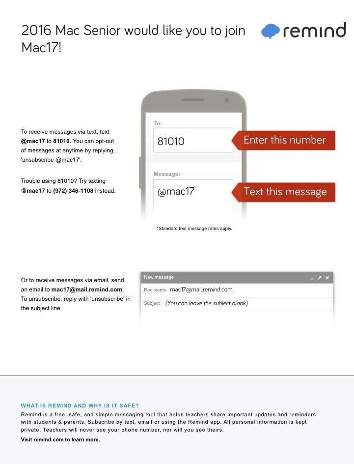 MacArthur2017's tweet image. Class of 2017, sign up for our Remind to get important updates as we approach senior year! 🎓 #LEGEN17ARY