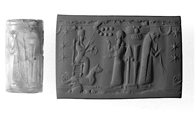 HistAstro's tweet photo. Neo-Assyrian cylinder seal w/seated goddess Gula, stars, crescent Moon, &amp; Pleiades, 9thC BCE https://t.co/gJFqJyLhA4 https://t.co/YUxjaFCEeP