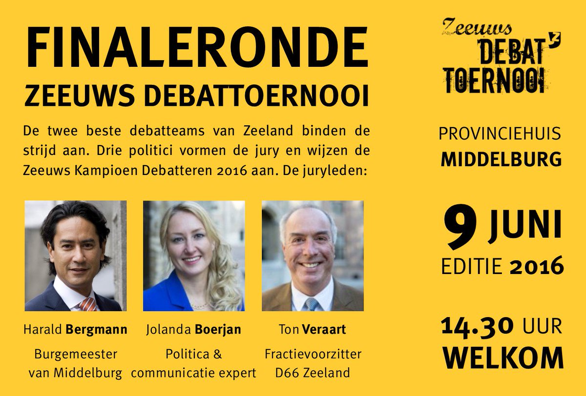 Bij de finaleronde wijst de jury, drie Zeeuwse politici, de Zeeuws Kampioen Debatteren van 2016 aan. Welkom!