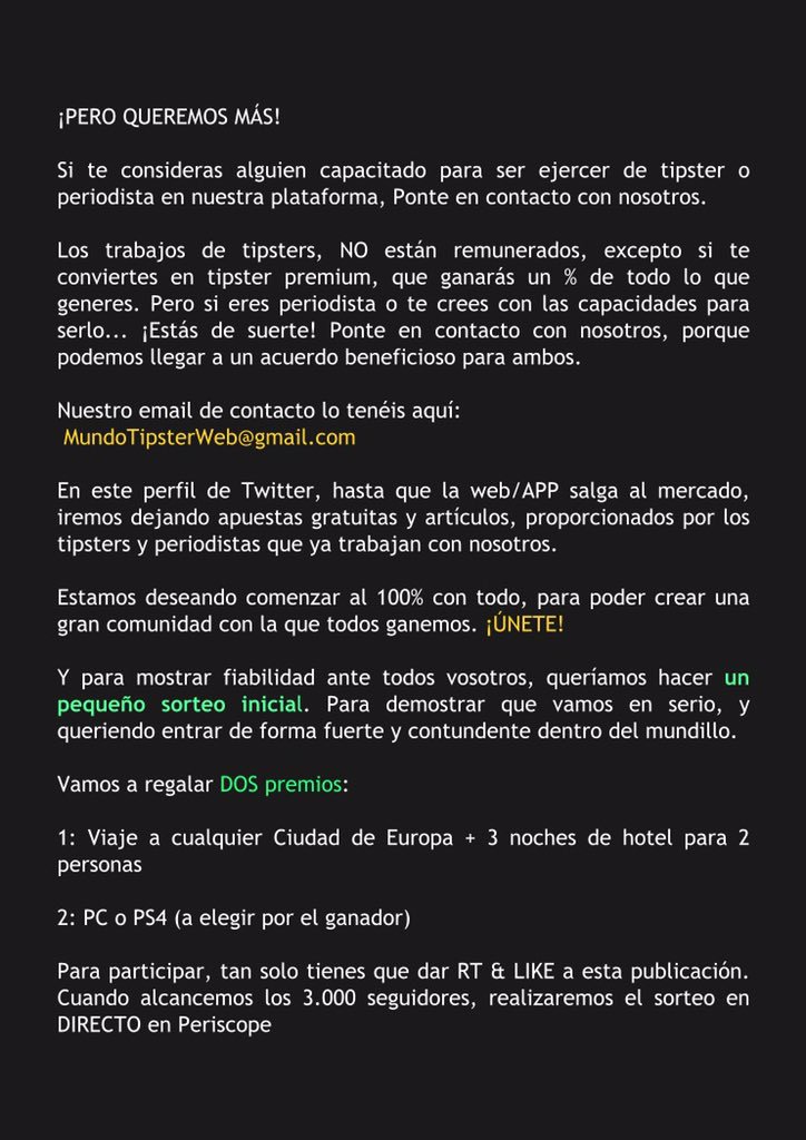 Brokers365's tweet photo. ¡BIENVENIDOS A MUNDO TIPSTER!

¿Quieres ganar dinero trabajando con nosotros como tipster? 

(SORTEO PS4 + VIAJE) https://t.co/4p5He6mXv7