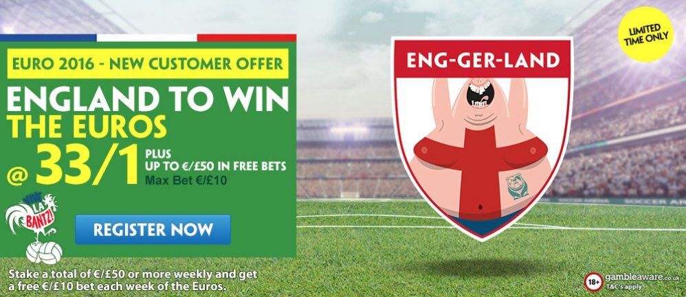 WowBet's tweet image. ENGLAND TO WIN EURO ‘16 @ 33/1

Plus £50 in free bets for the Euros!!
Max bet £10

⚽️⚽️ pdy.pr/ManUFactS