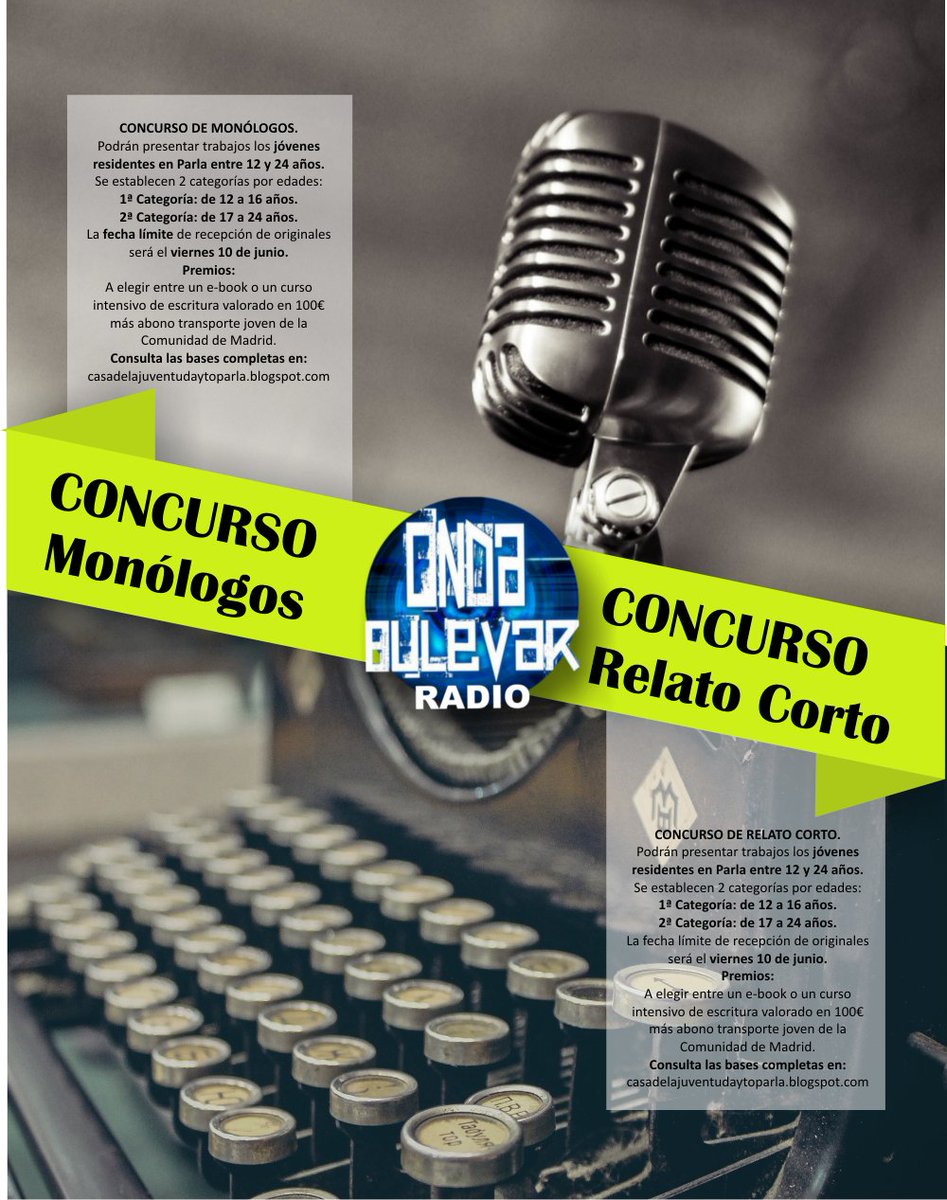 Todavía puedes participar en los #concursos de #monólogo y #relato de <a href="/OndaBulevaRadio/">Onda Bulevar</a> ow.ly/D0T1300NmrD