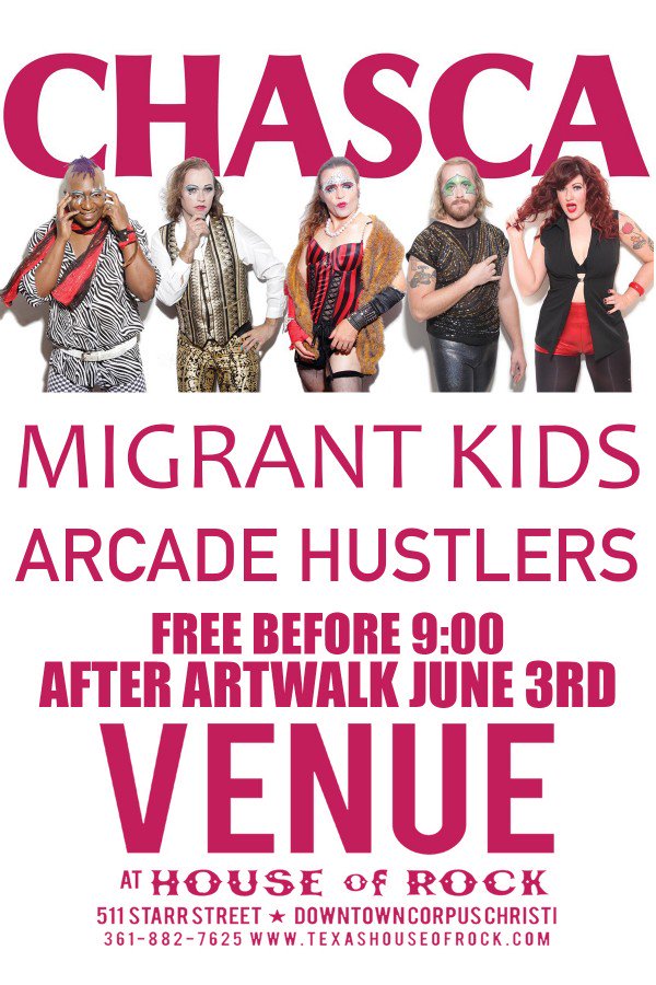 chascamusic's tweet photo. #Chasca returns to #houseofrock w/#arcadehustlers &amp; #migrantkids! #freeshow #FirstFriday #Artwalk #CorpusChristi https://t.co/Ax6tR9o90f